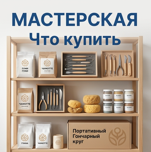 Уютная домашняя керамическая мастерская с небольшим гончарным кругом и электрической печью